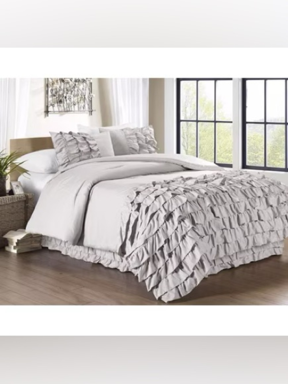 Ruffled Comfort Layer king 3 piece duvet Set in Light Gray